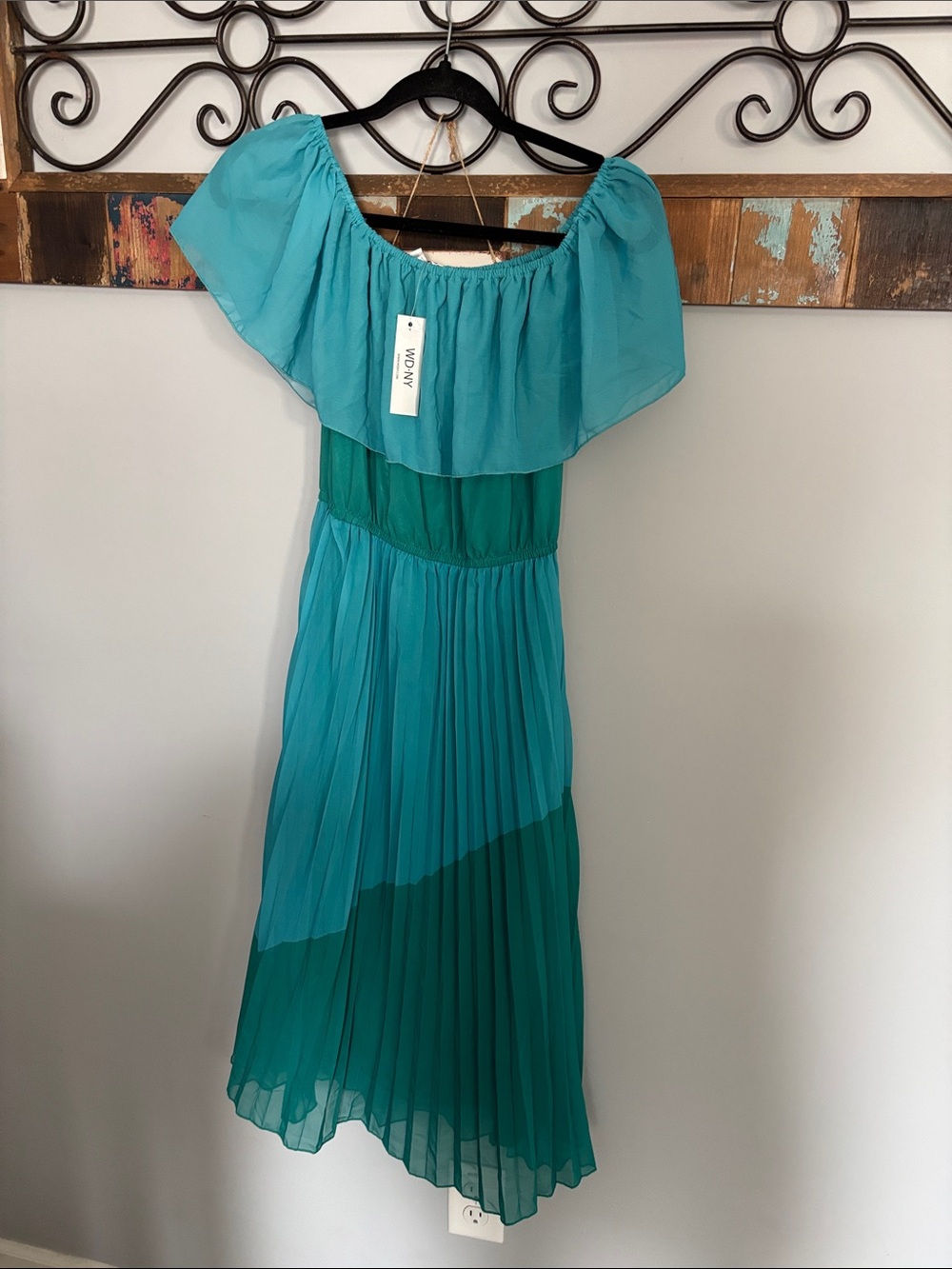 Teal & Aqua Off-Shoulder Pleated Midi Dress